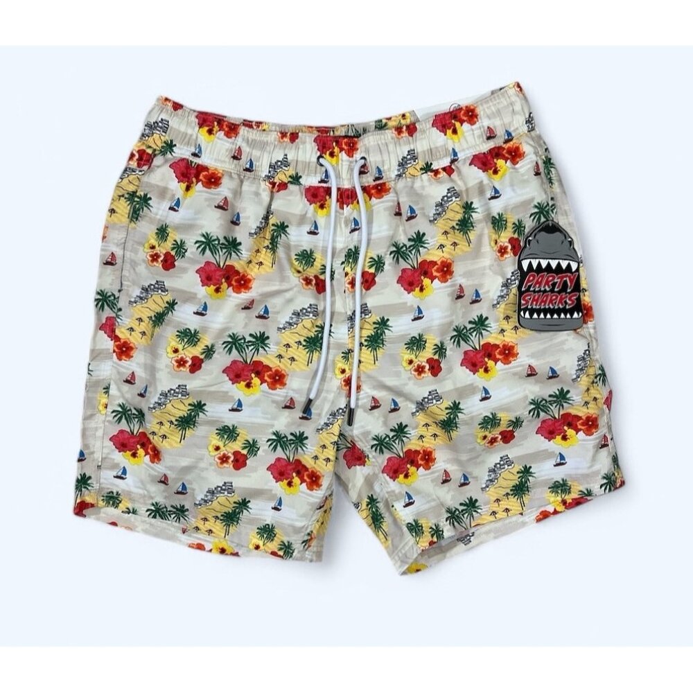 Party Sharks Swim Trunks Quick Dry 6.5" Inseam Hawaiian Print Mens Medium
